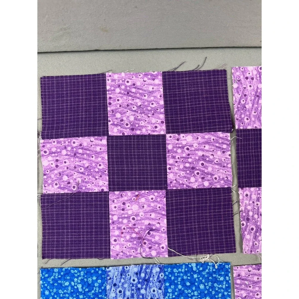 Lot Of 8 VTG Hand Sewn Quilt Blocks Blue Purple Flower Wreath‎ Cotton Appliqué